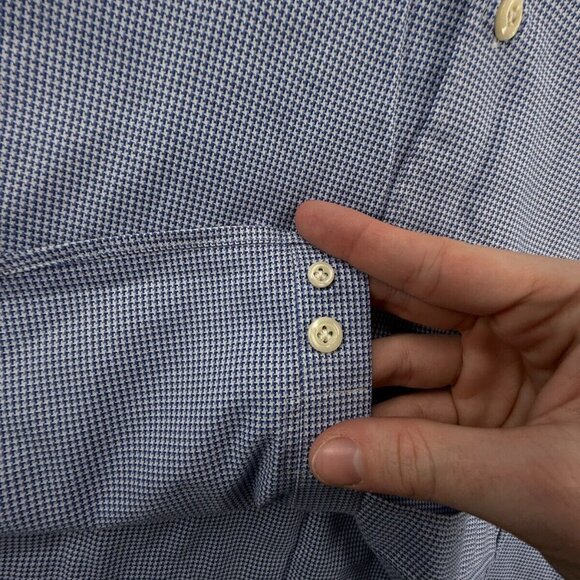 Peter Millar 16.5 Tall Blue Houndstooth Nanoluxe Easy Care Button Up Cotton - Picture 15 of 16